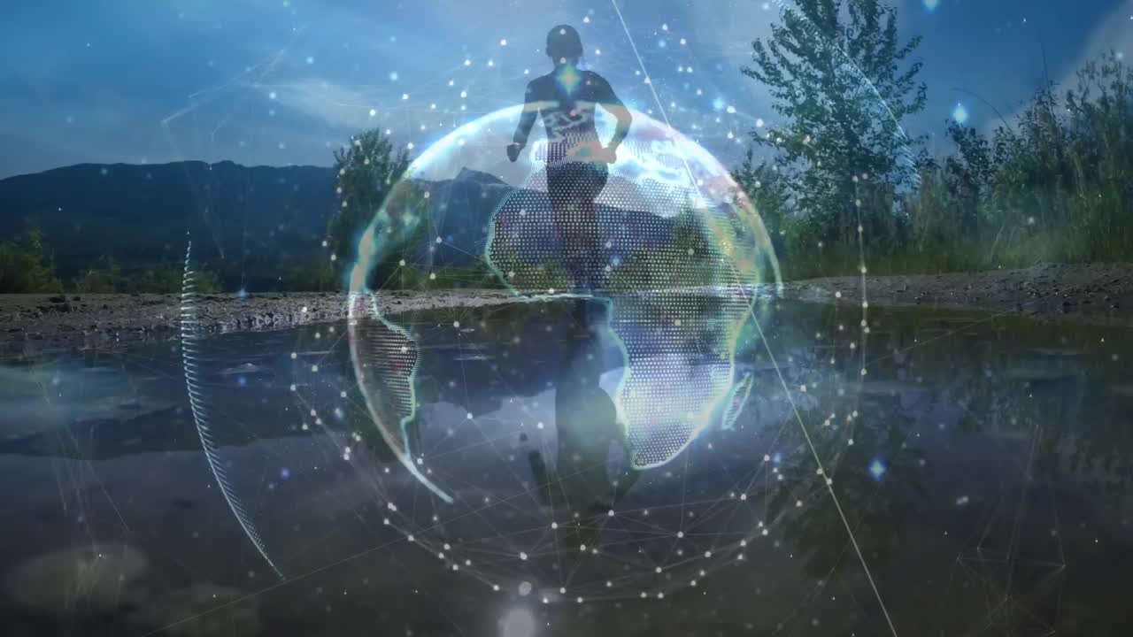 animación de la brillante red global sobre la mujer corriendo en el campo