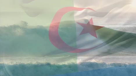 Animation-Der-Flagge-Algeriens,-Die-über-Eine-Welle-Im-Meer-Weht