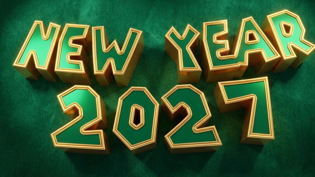 Animazione di testo "Capodanno 2027" in 3D con fuochi d'artificio