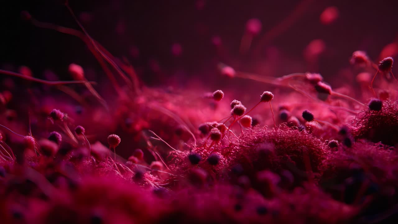 A Stunning Close-Up of Vibrant Microbial Life: An Exploration of Colorful Structures and Textures in a Microscopic Environment Filled with Intriguing Forms and Dynamic Movement
