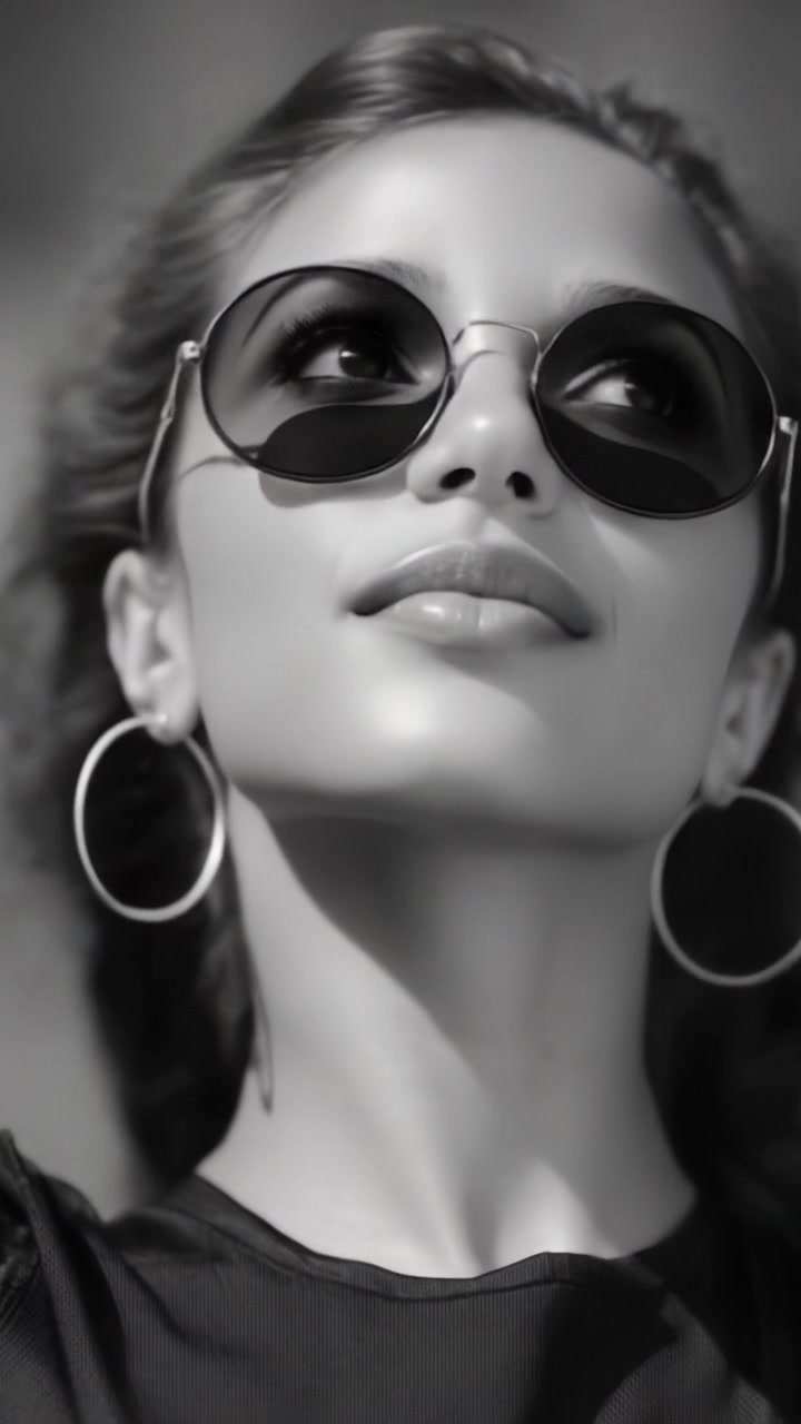 A Confident Woman Posing in Sunglasses, Exuding Style and Grace in a Dramatic Black and White Portrait with Elegant Expressions and Flowing Hair
