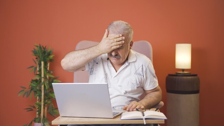Old man working on laptop has a headache.