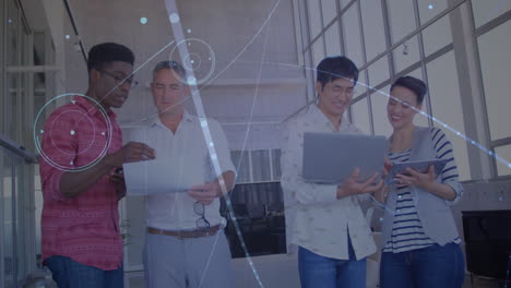 animation of network of connections over diverse female and male coworkers in office