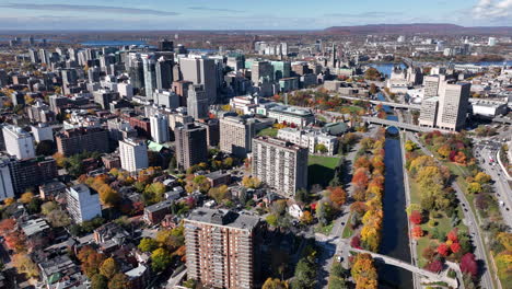 panning aerial of ottawa canada downtown skyline