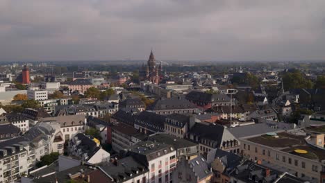 Mainz-Dome-under-construction-from-a-drone-on-a-sunny-bu-cloudy-day-with-the-Rhine-river-and-the-old-bridge-in-the-background