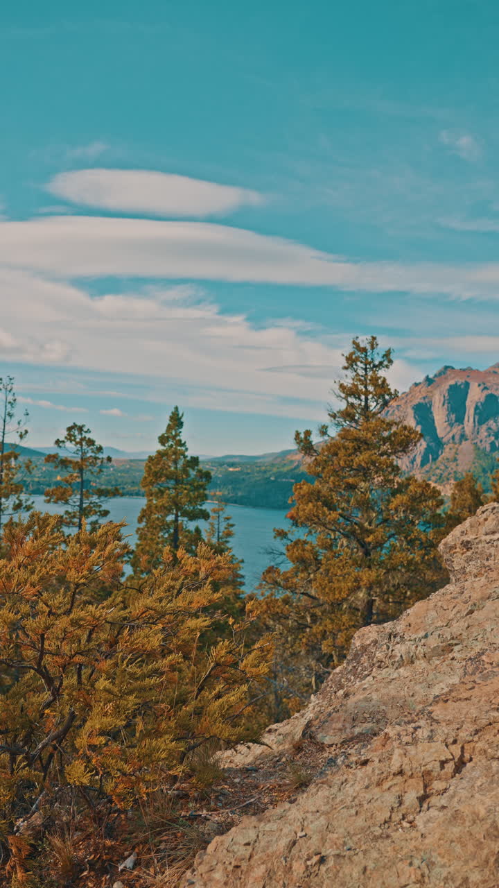Vista Panorámica de un Lago de Montaña con Pinos y Cielo Azul