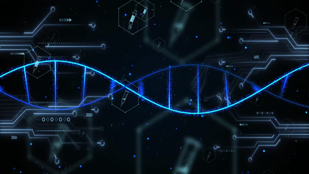 Animation of icons, dna strand over data processing