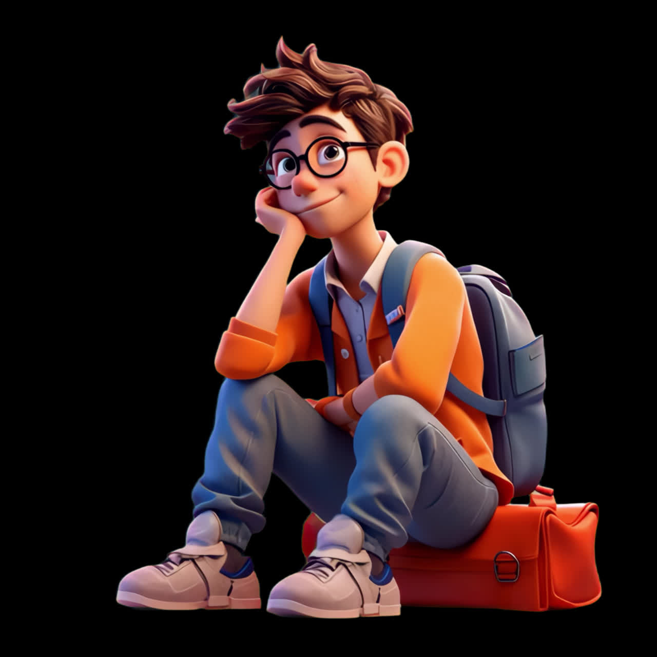 Student sitting on a bag animation isolated asset, transparent 4K video, alpha channel, ProRes 4444