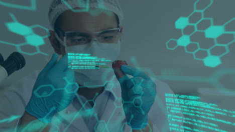 animación del procesamiento de datos científicos sobre un científico masculino biracial con una jeringa en el laboratorio