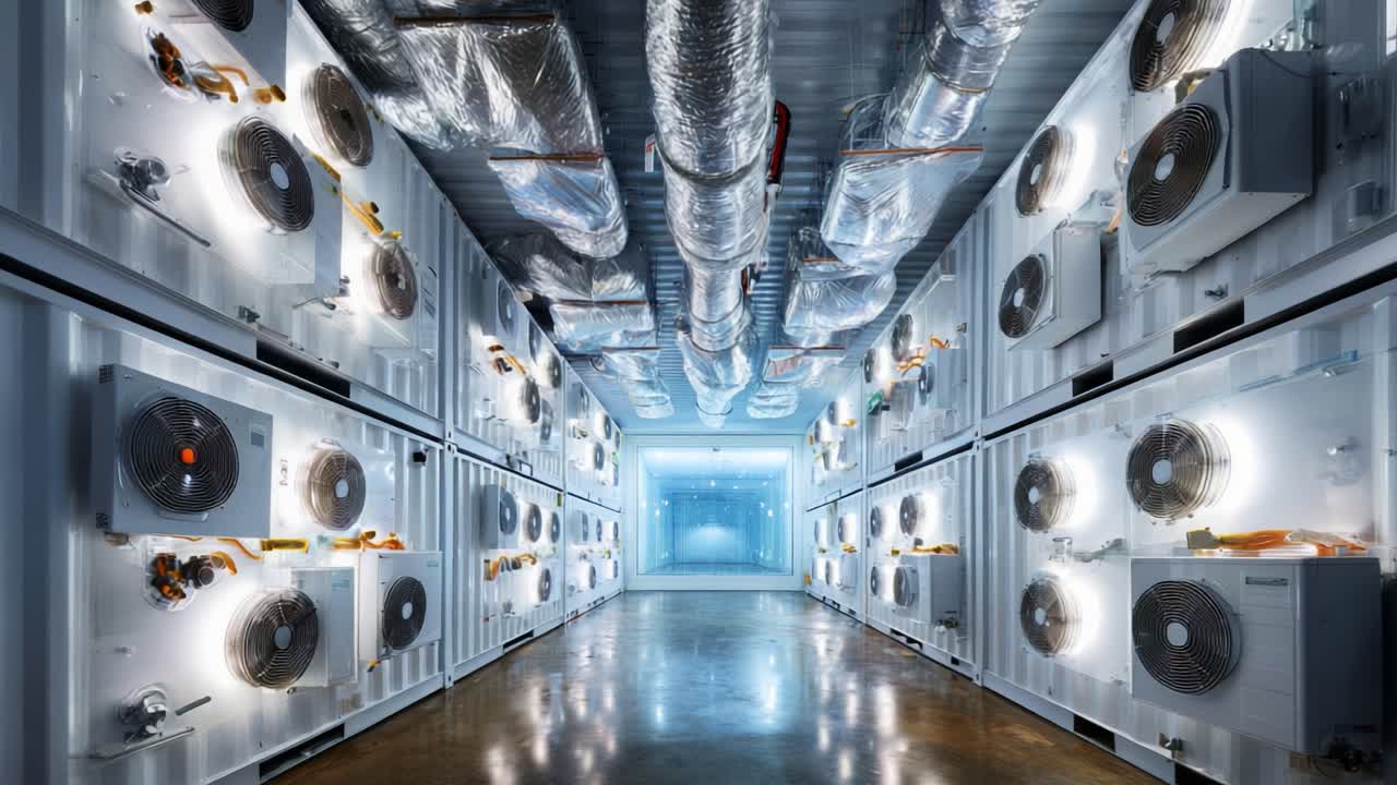 A Stunning View of a High-Tech Cooling Facility Featuring Advanced Air Conditioning Units and a Well-Designed Ventilation System, Ideal for Climate Control and Energy Efficiency