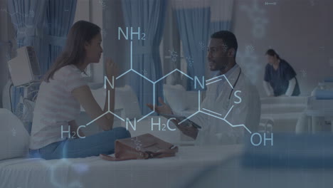 animation of scientific data over diverse male doctor and patient in hospital