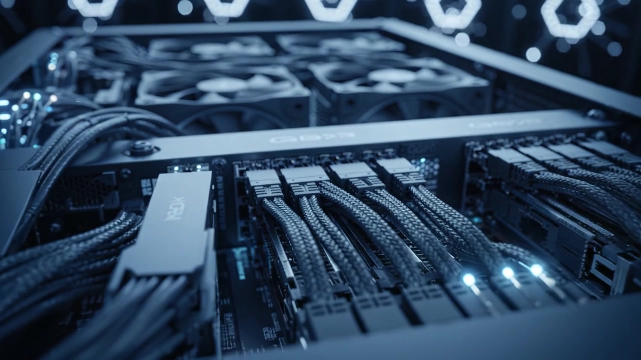A close-up view of a high-performance computer server showcasing advanced cooling systems, intricate wiring, and illuminated components in a modern data center environment.
