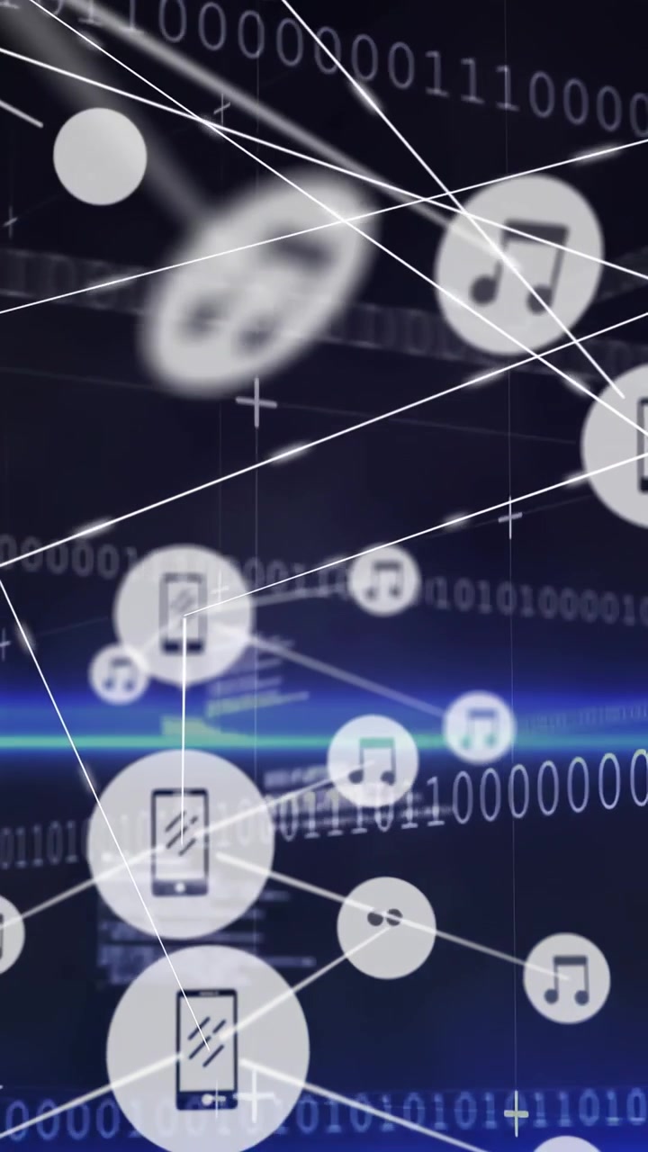 Binary bands blue streak sparking nodes, phone music icons linking forming IT network for designers