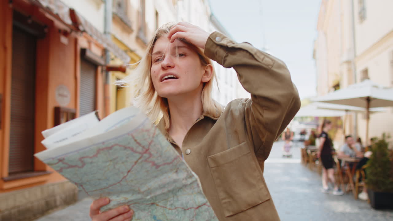 Woman traveler lost while traveling in city exploring sightseeing map looking way destination