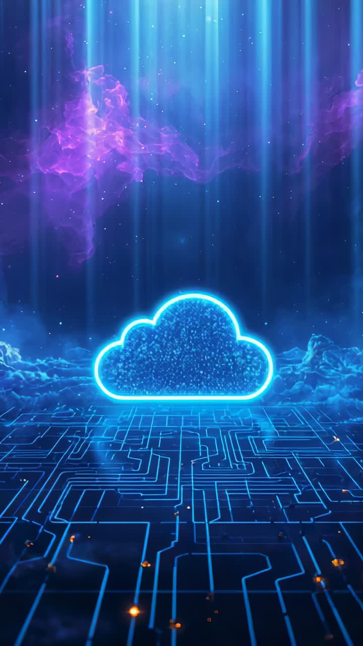 Vertical video: Looping, neon cloud icon pulsing sending sparks along circuit floor syncing data