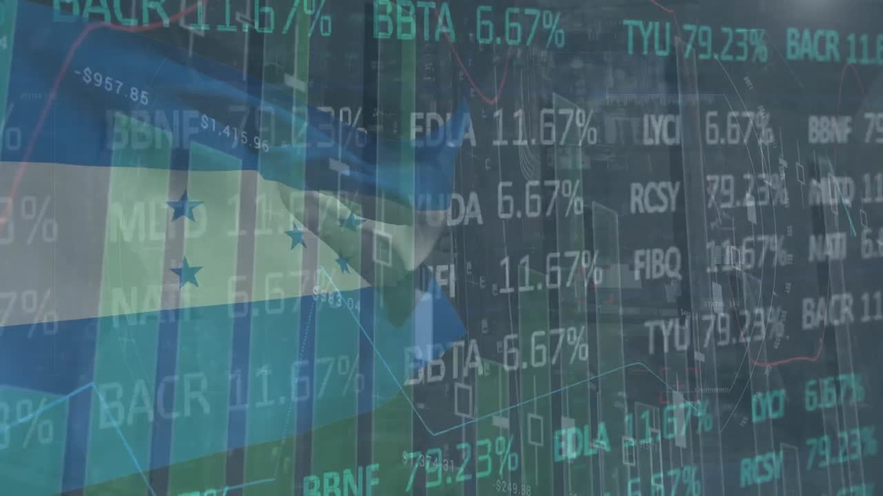 주식 시장의 애니메이션과 검은색 배경에 온두라스 발의 데이터 처리