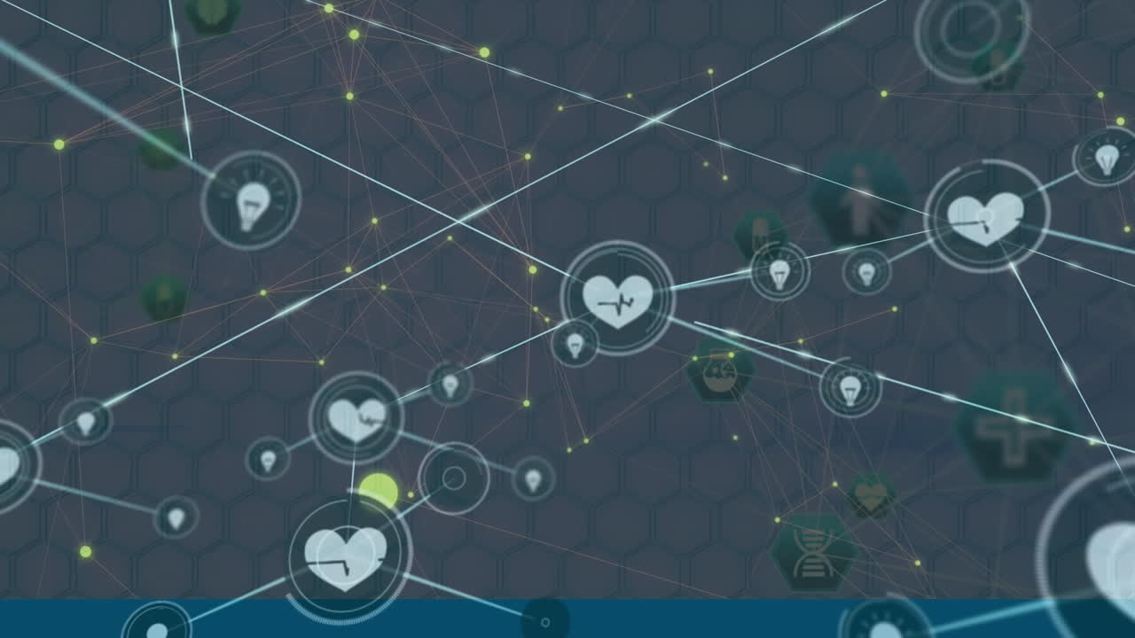 회색 배경에 대한 여러 의료 아이콘 위에 디지털 아이콘 네트워크의 디지털 애니메이션