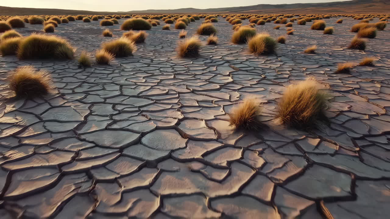 Dried cracked earth with tufts of grass
