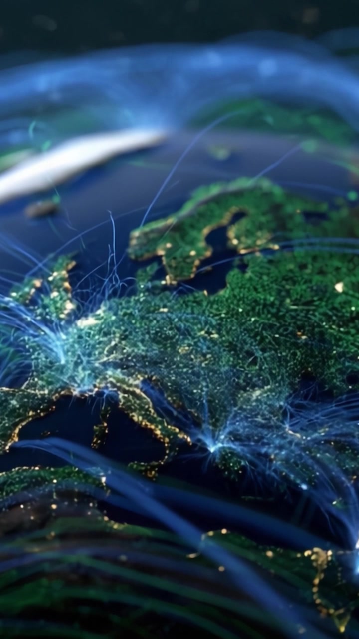 A Stunning Visual Representation of Global Connections Over Europe, Showcasing Intricate Light Patterns, Geography, and Technological Interactions with 3D Effects.