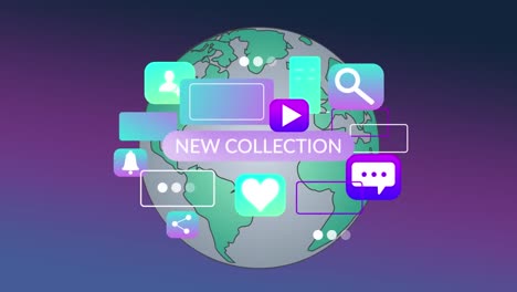 Animation-of-icons-and-new-collection-over-glob-eon-violet-background