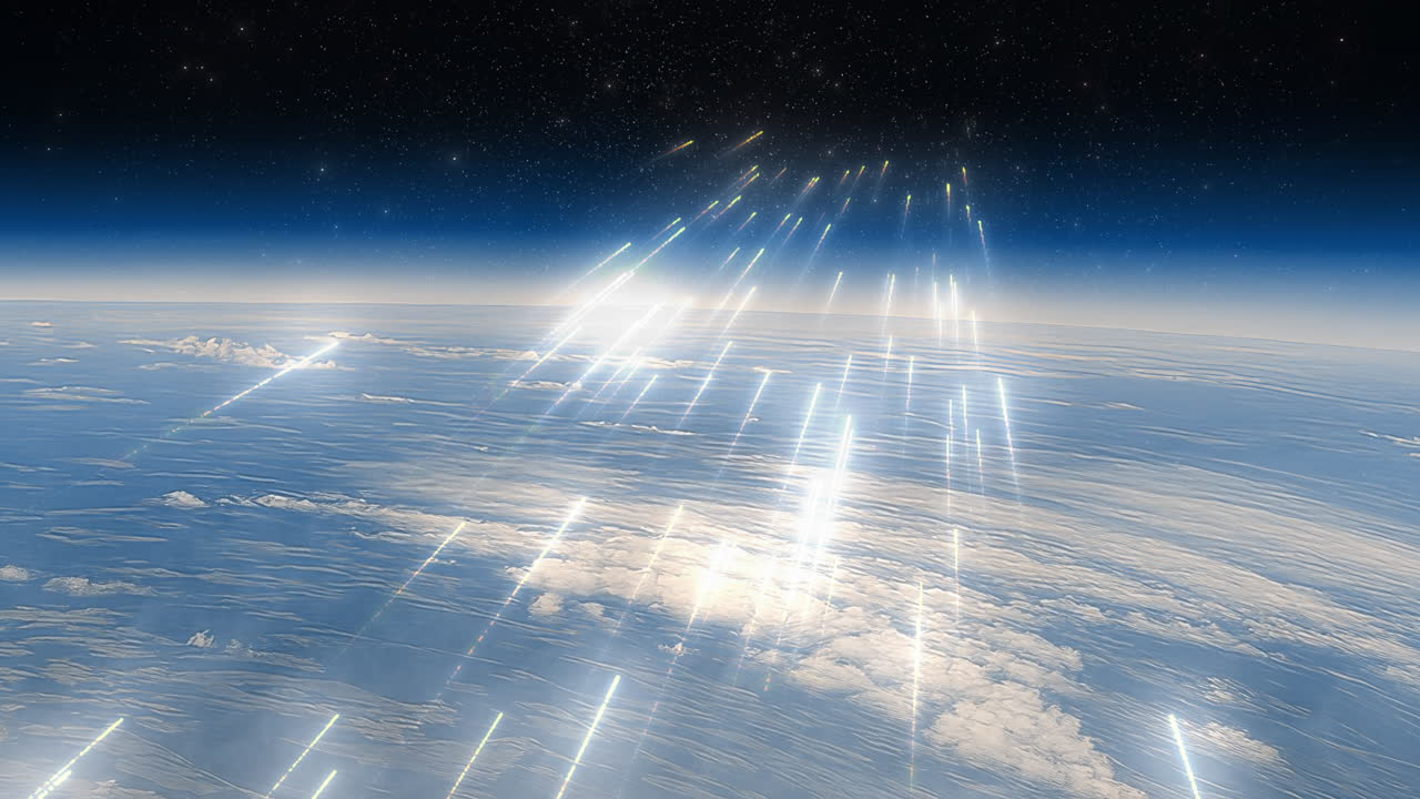 Futuristic missiles launching into space from Earth
