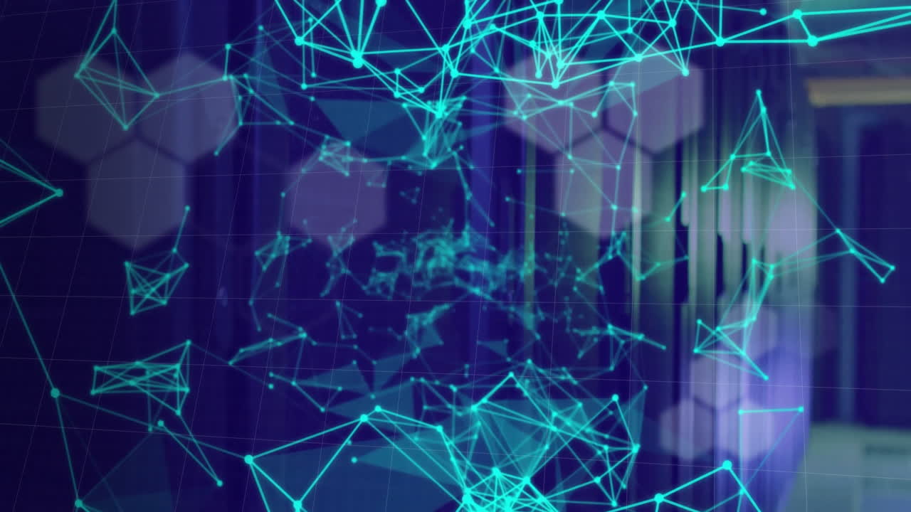 animación de hexágonos y puntos conectados que forman forma geométrica sobre la sala del servidor de datos