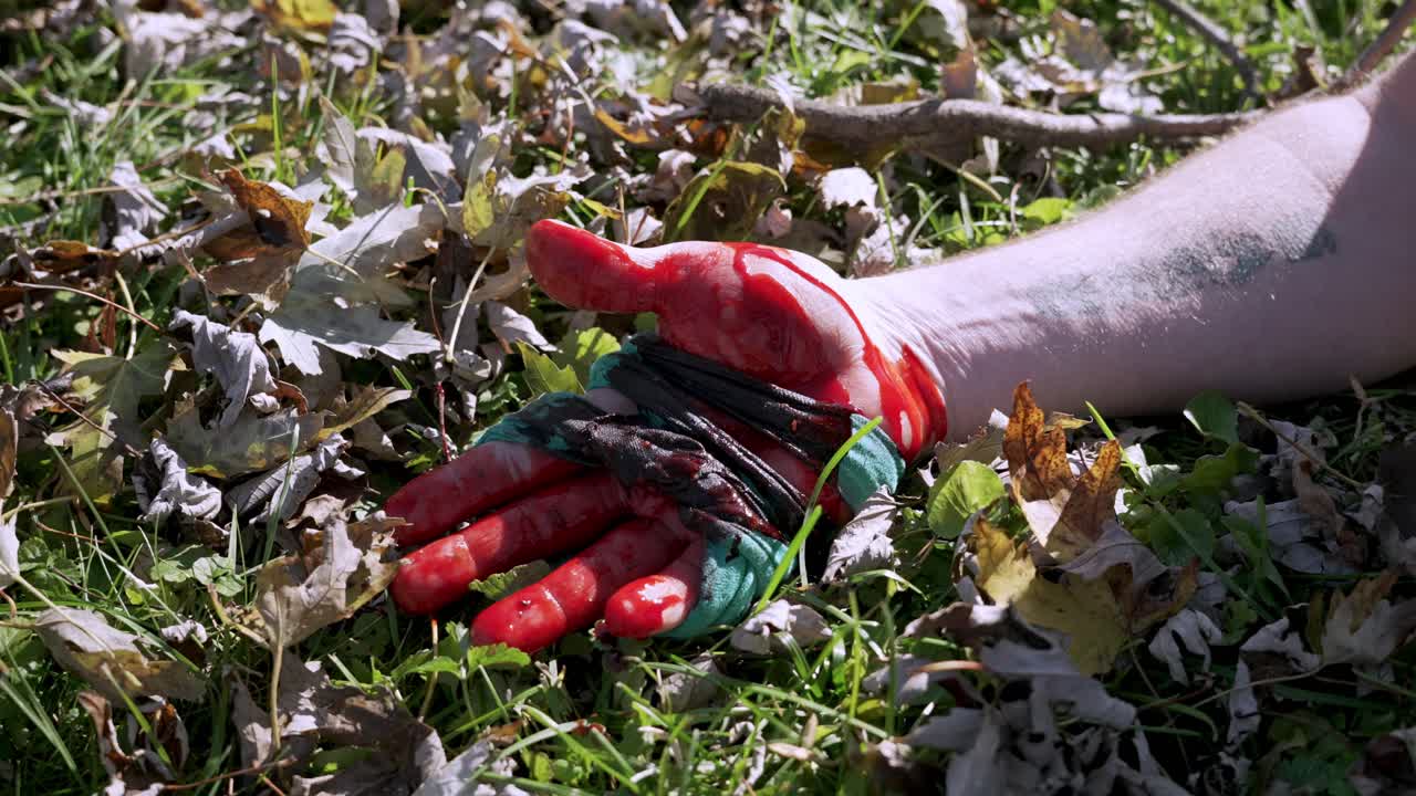 천으로 만든 즉석 지혈대를 들고 피 흘리는 손, 풀밭에 누워, 클로즈업