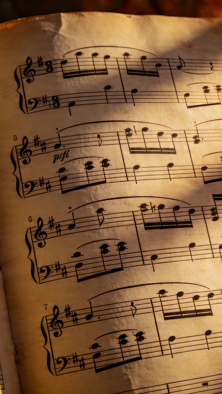Vertical video: Panning camera showing printed piano score under warm lamp, revealing lower staves