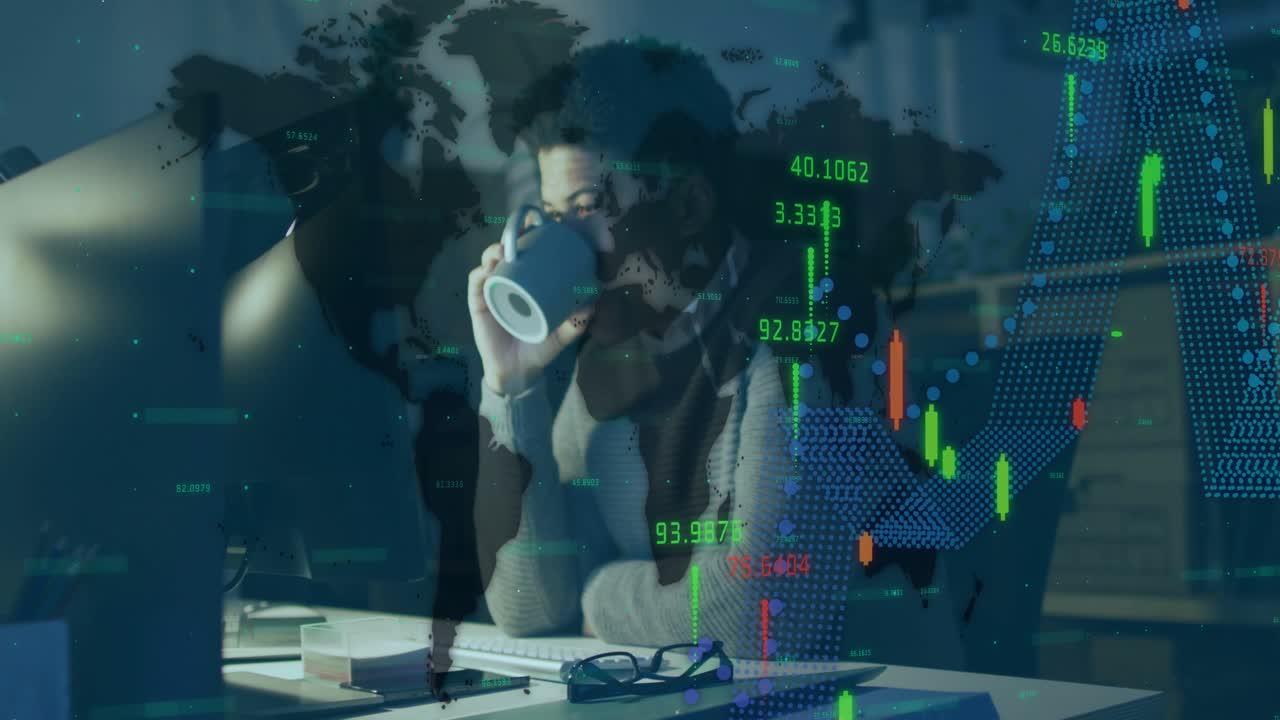 Finance analyst leaning at desk monitoring market charts updating, stretching, sipping coffee