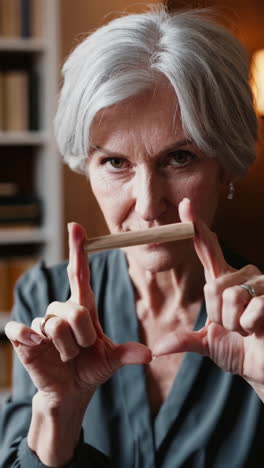 senior woman framing a shot with her hands and a stick