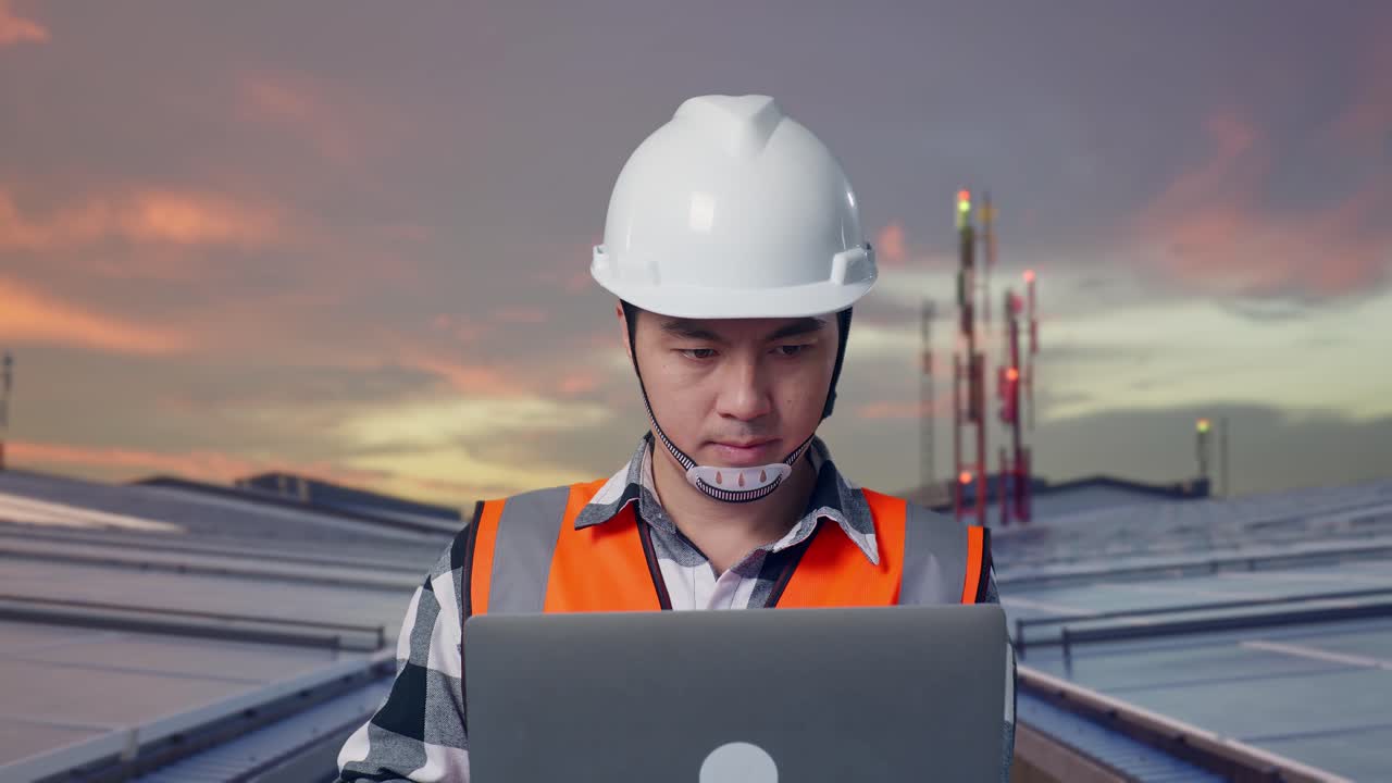 Close Up Of Asian Male Engineer With Safety Helmet Working On A Laptop While Standing and Inspecting Solar Panels on Rooftop