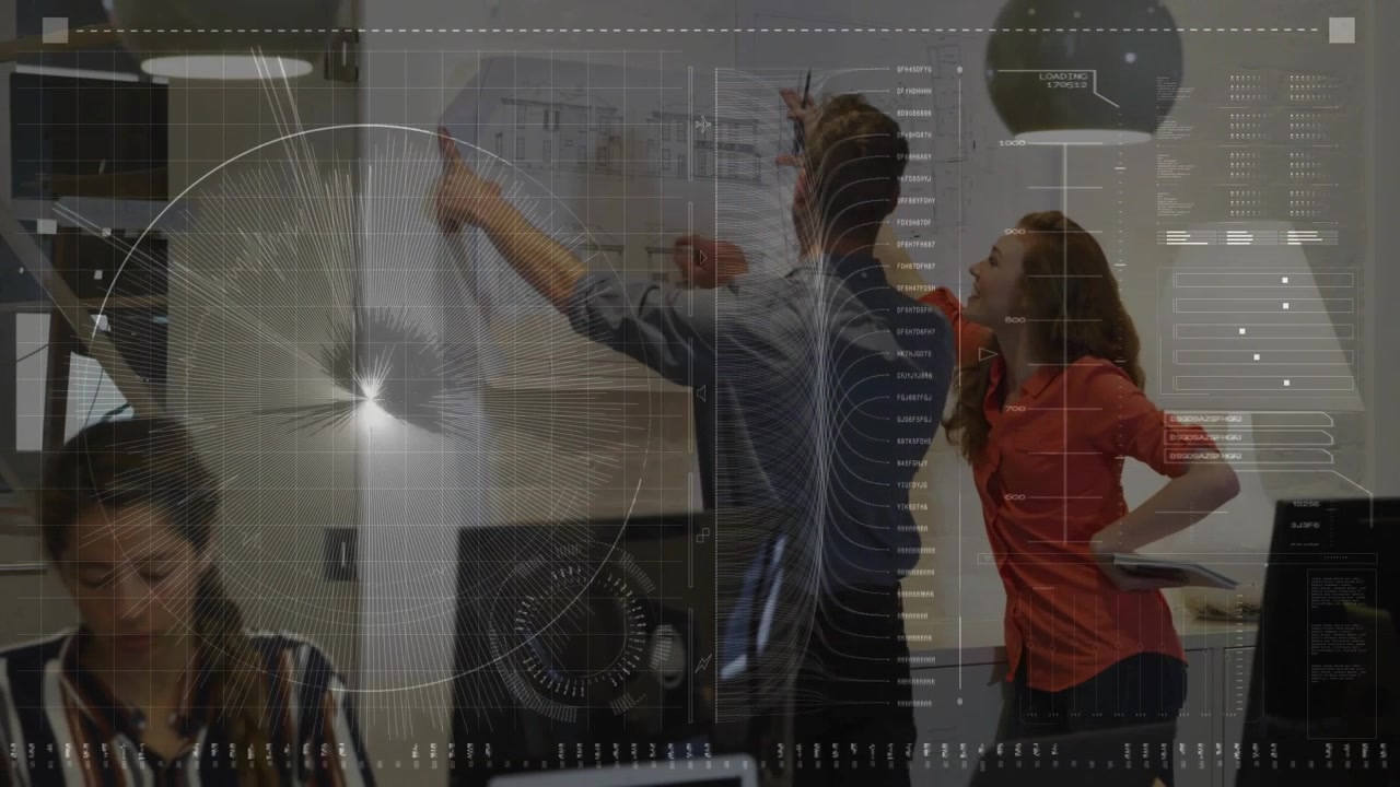 Man reaching up and annotating paper, planning project in office, HUD overlays marking metrics