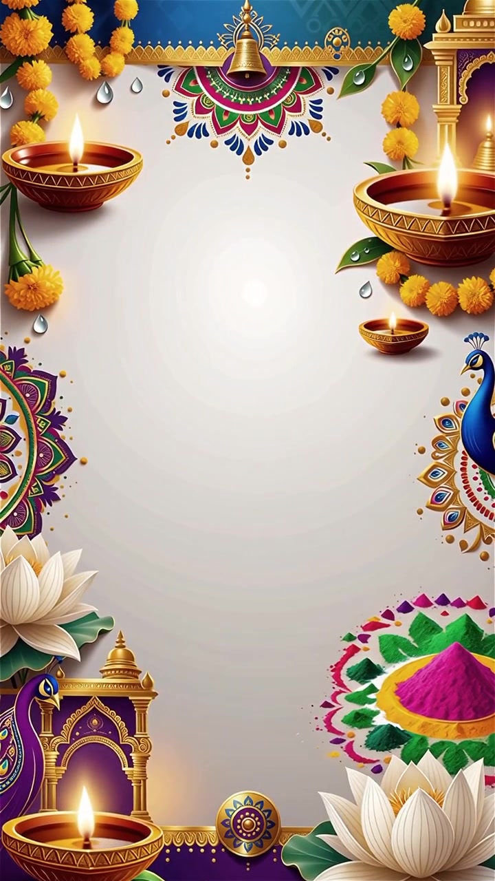 Sfondo Diwali con Diyas luminosi, Rangoli e fiori di loto