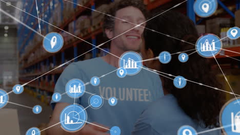 animation of network of connections over two diverse warehouse workers