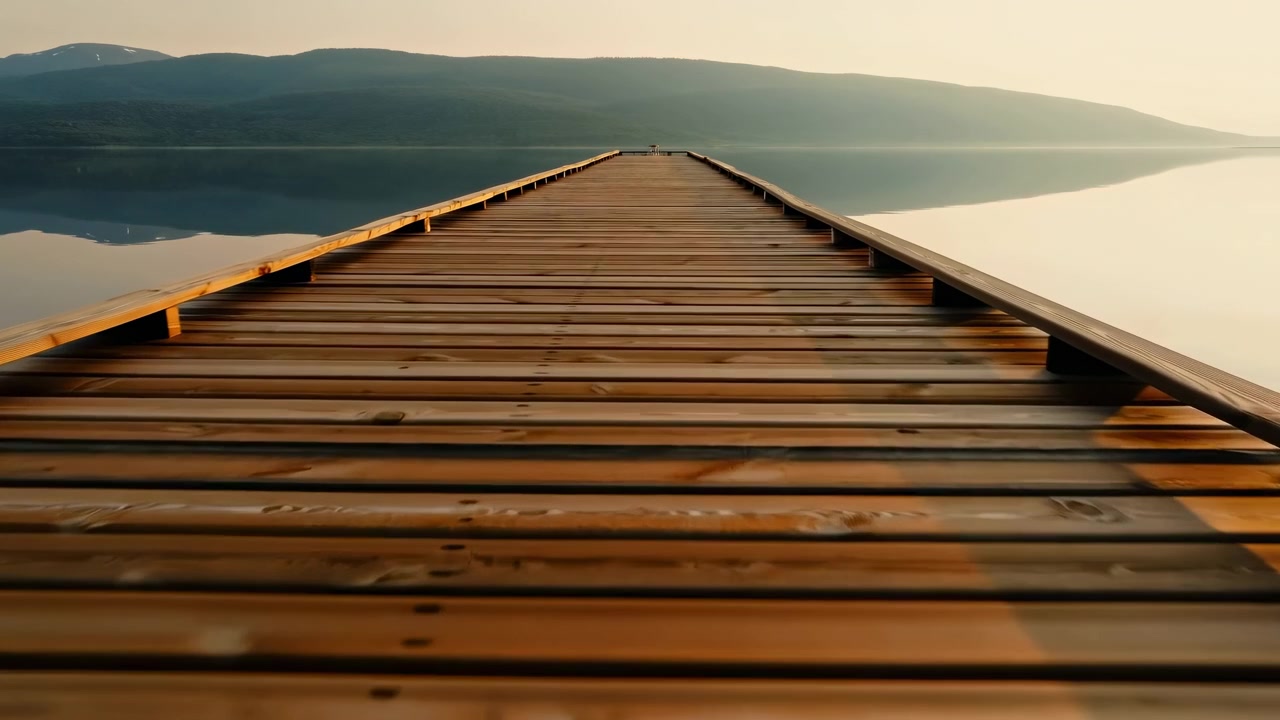 Long wooden dock stretching into calm lake with mirrored hills under warm golden light, low angled centered view emphasizing textured planks, symmetry, depth, and serene landscape