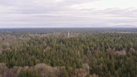 Flight-over-a-large-forest-and-speed-ramping-forward-effect-to-reach-an-idyllic,-seperated-built-house-with-a-snowy-garden-and-slightly-the-alp-mountains-in-the-background