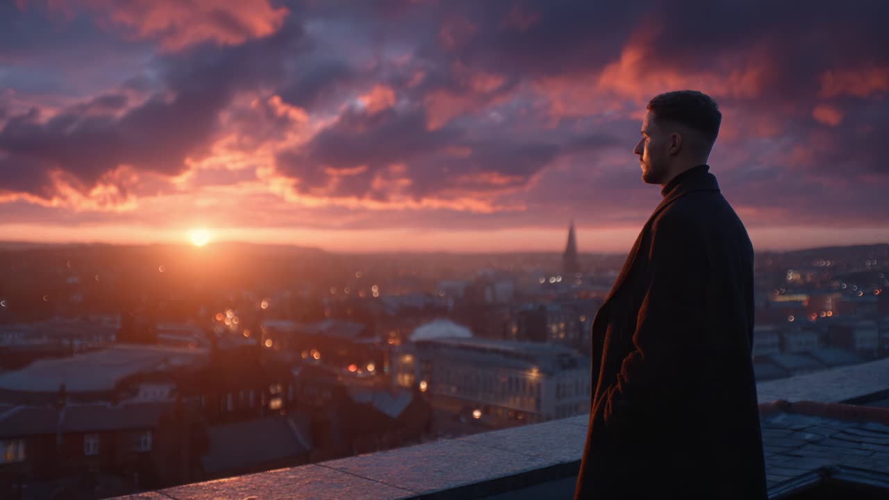A contemplative figure gazes over a vibrant cityscape at sunset, capturing the serene blend of twilight hues in the sky and reflecting on life's deeper moments