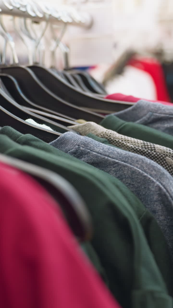 vista de la navegación a través de la ropa en los estantes en un centro comercial, con una mano recogiendo una prenda. capturado con una cámara de mano, este video destaca la experiencia de compra y las texturas detalladas de la ropa