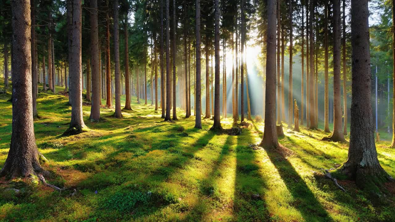 A Serene Forest Scene with Sunlight Filtering Through Trees, Casting Luminous Rays and Creating a Tranquil Atmosphere in Nature's Embrace