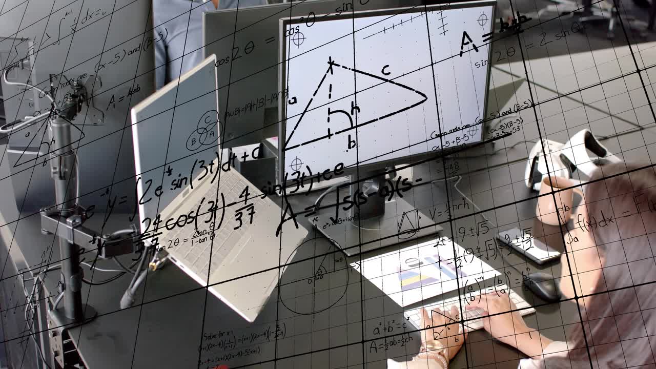 Seated female typing, male watching, education overlay forming triangle on monitor solving problem