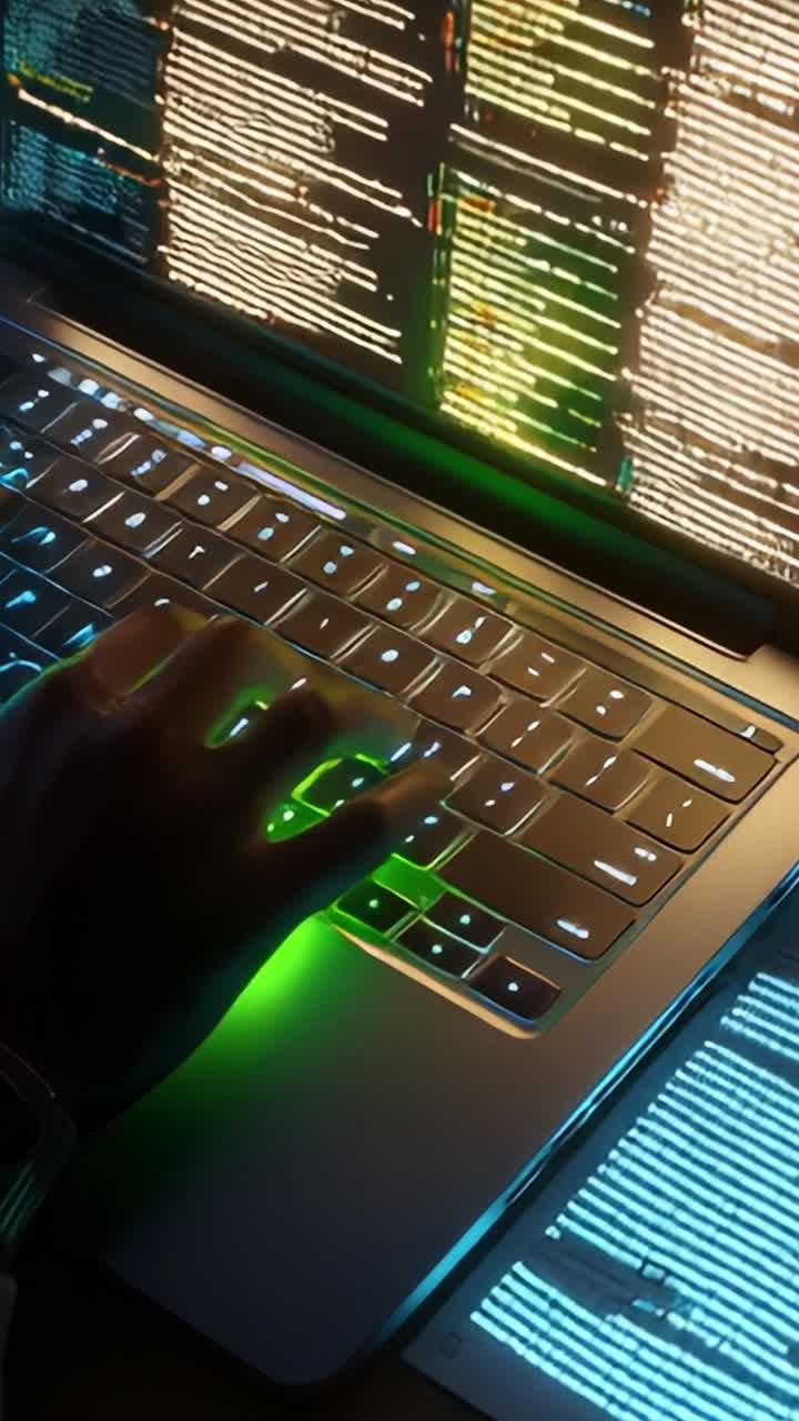 A Close-Up View of a Hand Typing on a Backlit Keyboard Surrounded by Colorful Code Streams, Highlighting Technology and Digital Interaction