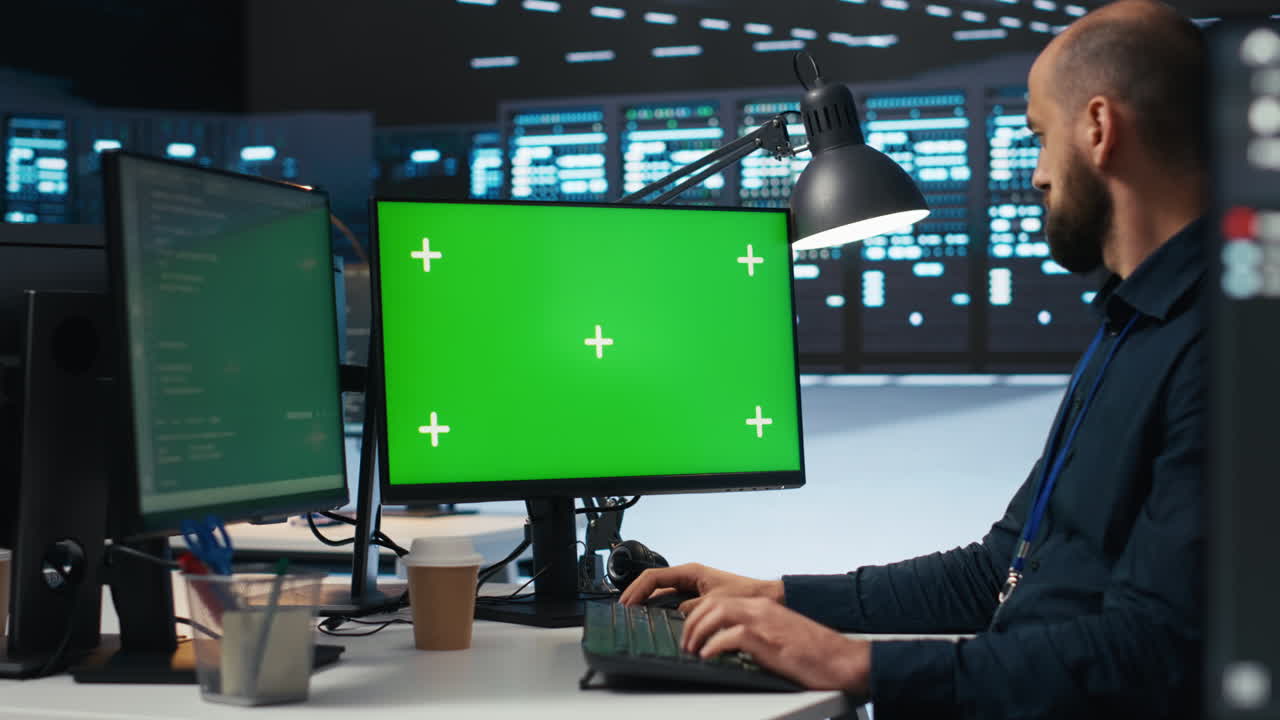 escritura de código administrativo en el monitor de la computadora de maqueta para reparar los racks del centro de datos