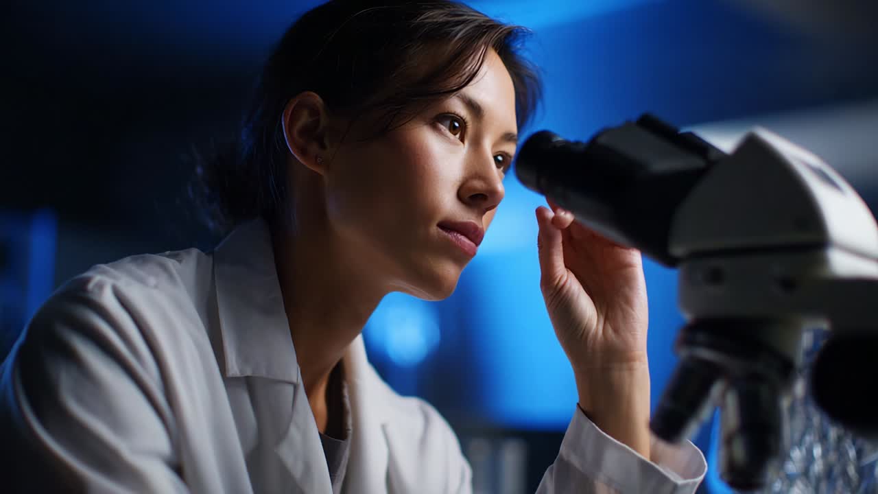 A focused scientist examining samples through a microscope in a dimly lit laboratory, demonstrating dedication and precision in the pursuit of knowledge and discovery in scientific research