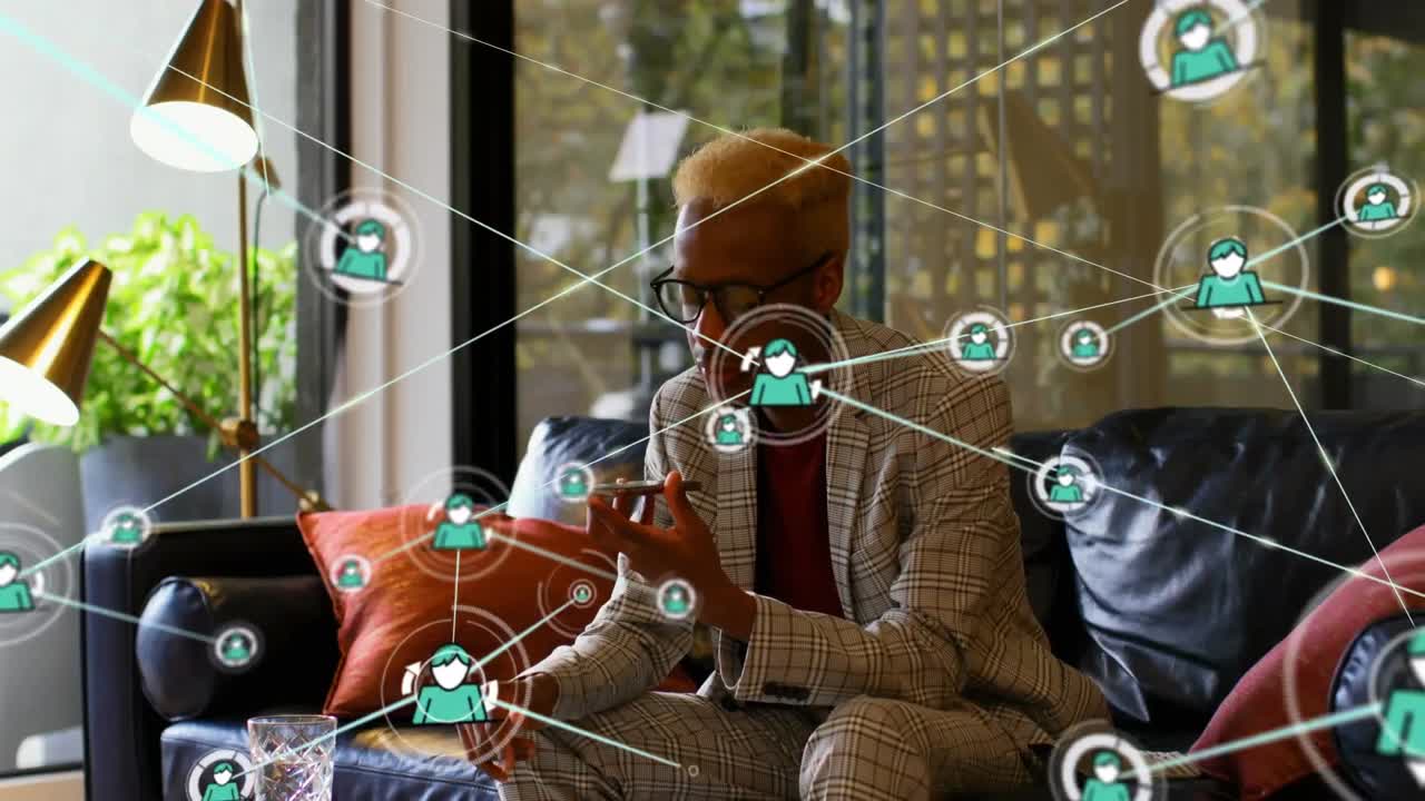 스마트폰으로 이야기하는 아프리카계 미국인 사업가에 대한 연결 네트워크의 애니메이션