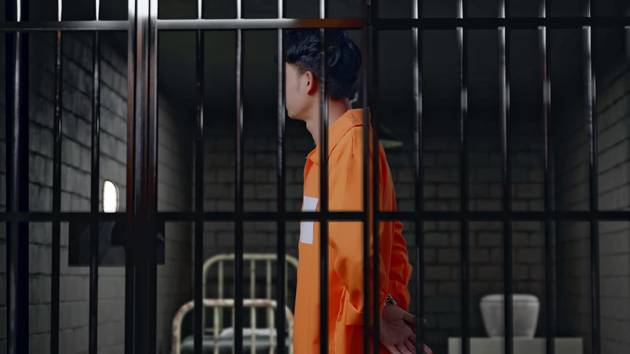 vista lateral de un prisionero masculino asiático con esposas de pie en la cárcel, sacudiendo la cabeza molesto por lo que hizo