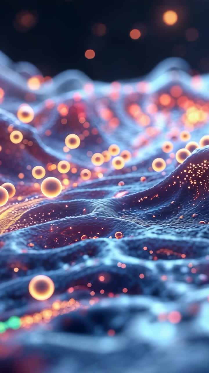 Vertical video: Panning camera through mesh showing drifting orange spheres, pulsing red clusters