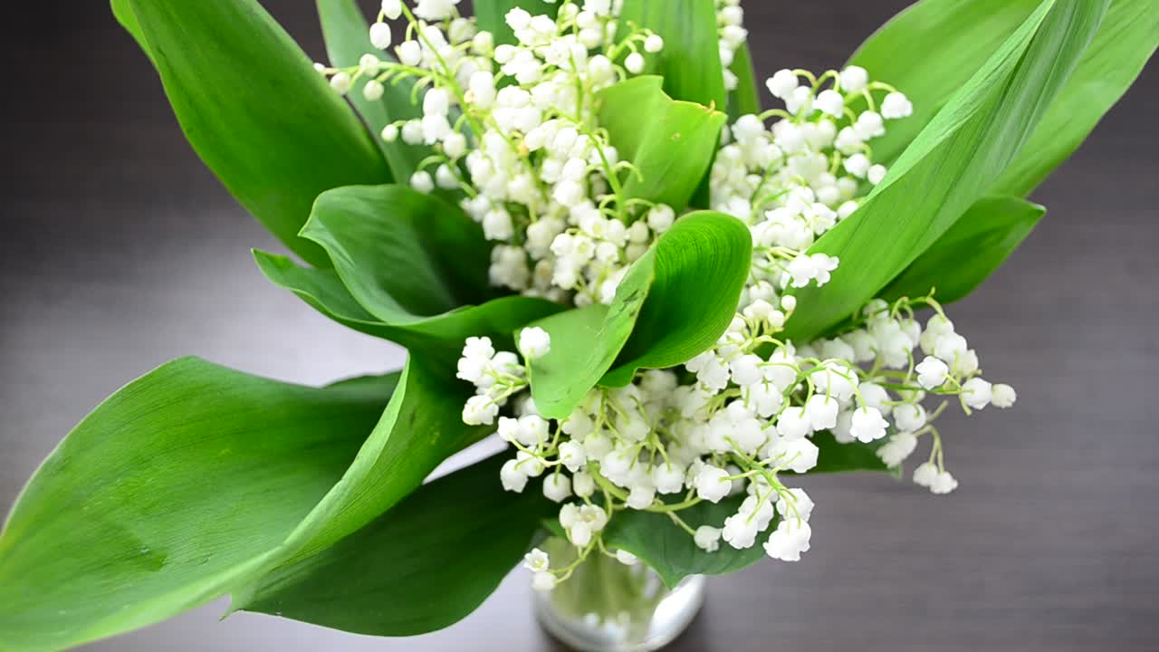 Lilies of the valley on a table. Flowers of lilies of the valley in a vase