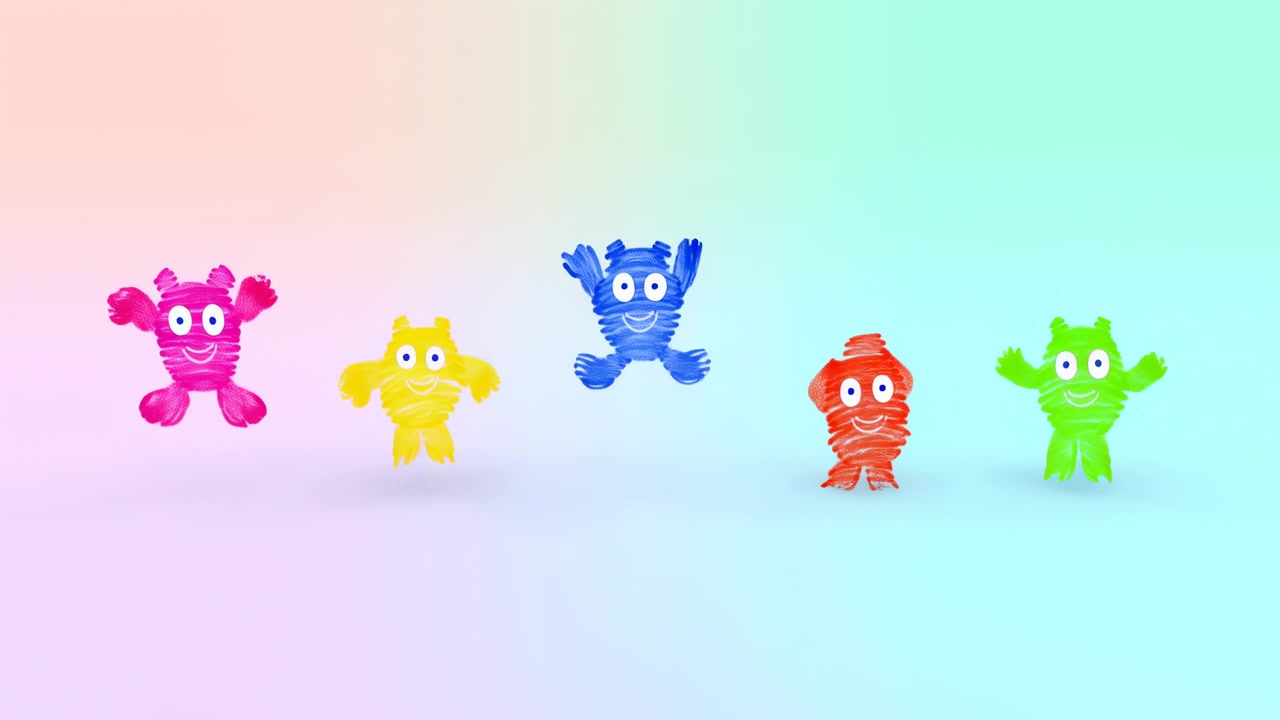 Five small striped toy monsters in bright pink, yellow, blue, orange, and green are arranged in a neat row on a soft pastel gradient backdrop with clean