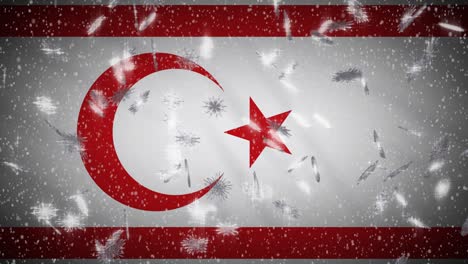 turkish republic of northern cyprus flag falling snow, new year and christmas background, loop