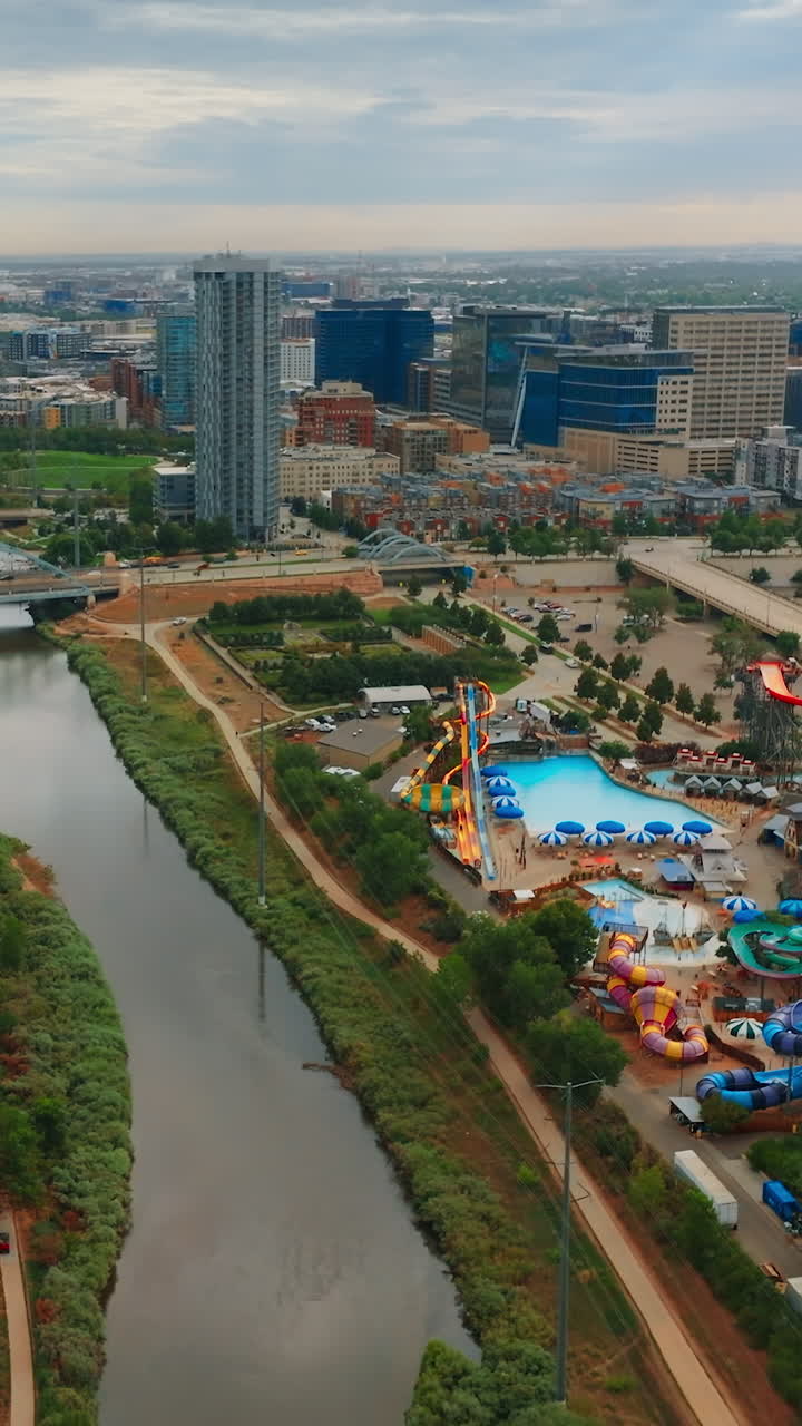 Aerial shot of Denver city. Architecture of skyscraper buildings. Vertical video